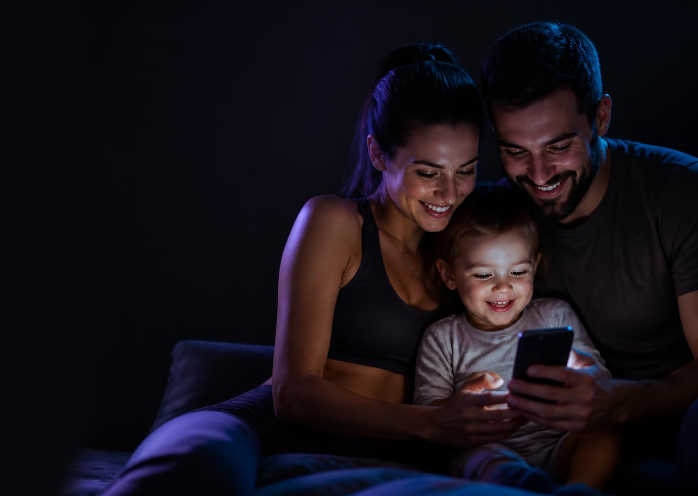 Mutter, Vater und Kleinkind entdecken gemeinsam die SKELVIA App