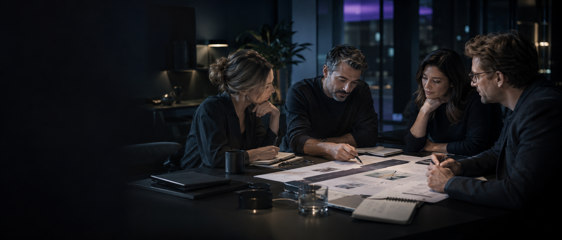 Vier Personen besprechen gemeinsam Unterlagen und Pläne an einem Tisch