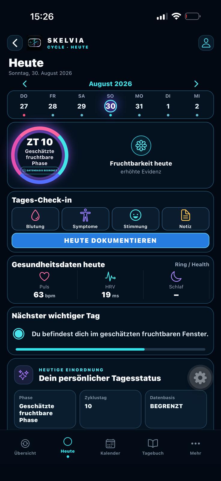 SKELVIA Cycle App: Tagesübersicht mit Check-in und Gesundheitsdaten