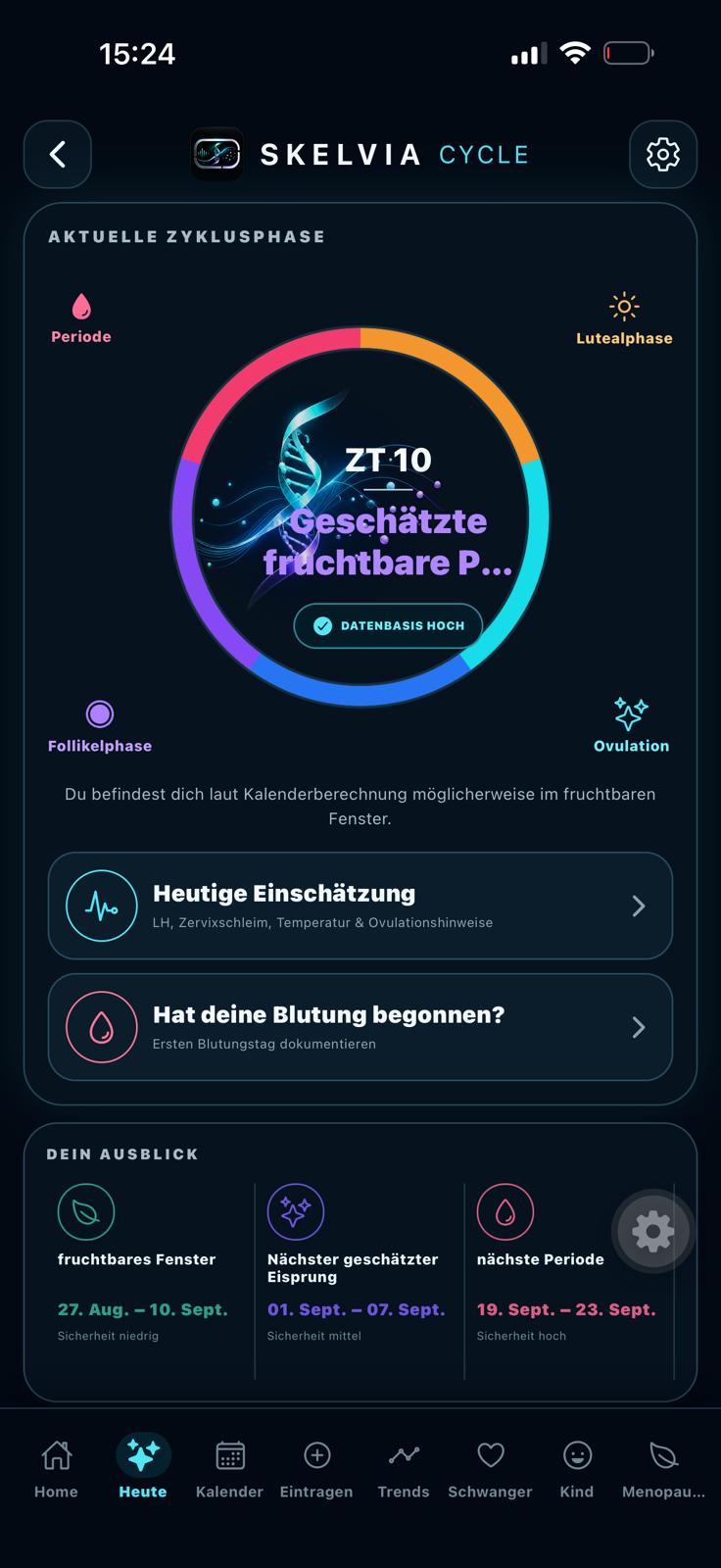 SKELVIA Cycle App: aktuelle Zyklusphase mit geschätzter fruchtbarer Phase