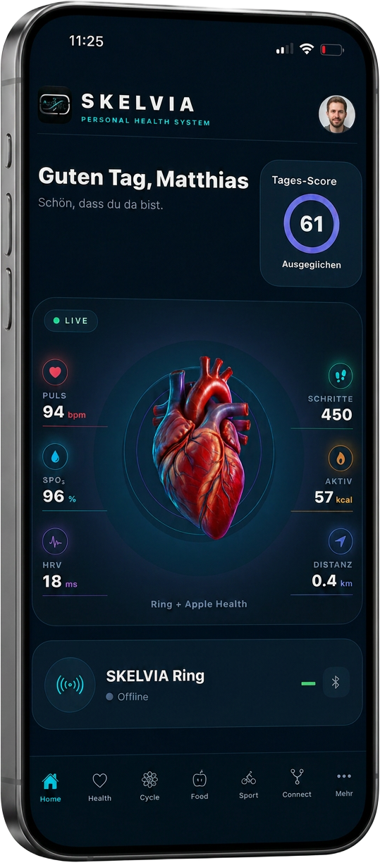 SKELVIA Health App mit Herzfrequenz, HRV, Schlaf und Stresslevel