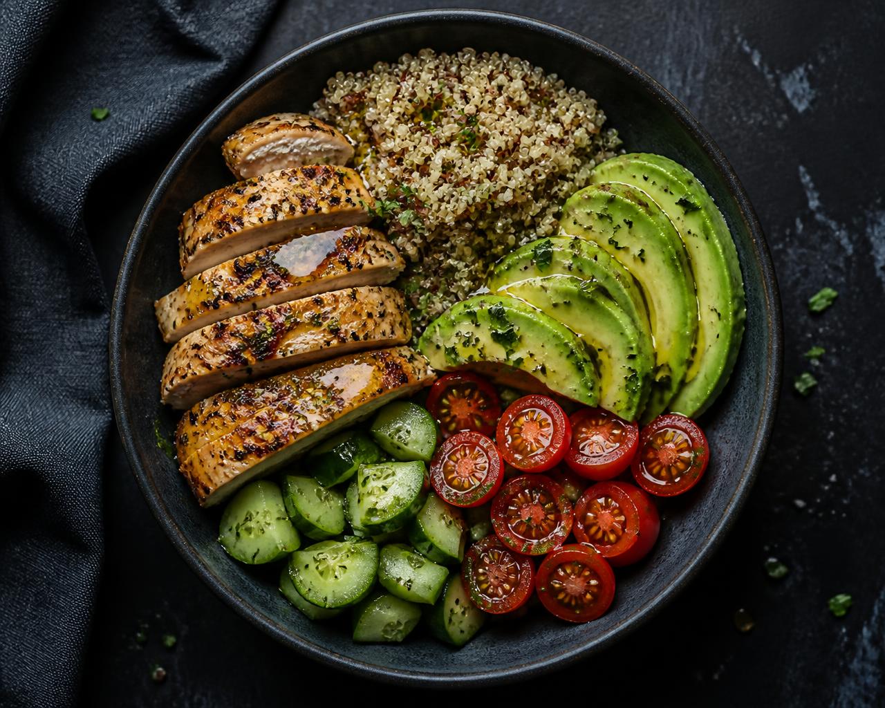 Mittagessen: Gegrilltes Hähnchen mit Quinoa