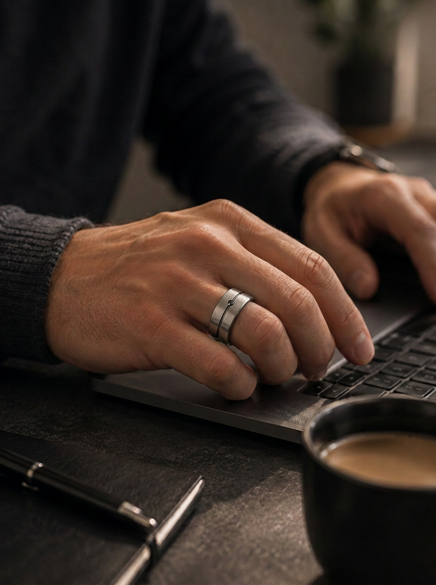 Hand mit dem SKELVIA Smart Ring am Finger beim Arbeiten am Laptop