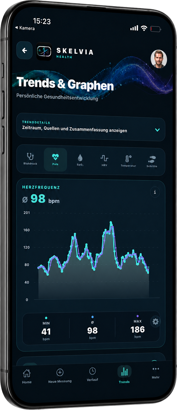 SKELVIA App: Wochenentwicklung mit Schlaf- und HRV-Verlauf