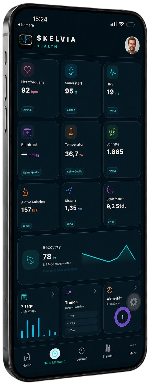 SKELVIA Health App mit Tages-Score, Herzfrequenz und Ring-Status