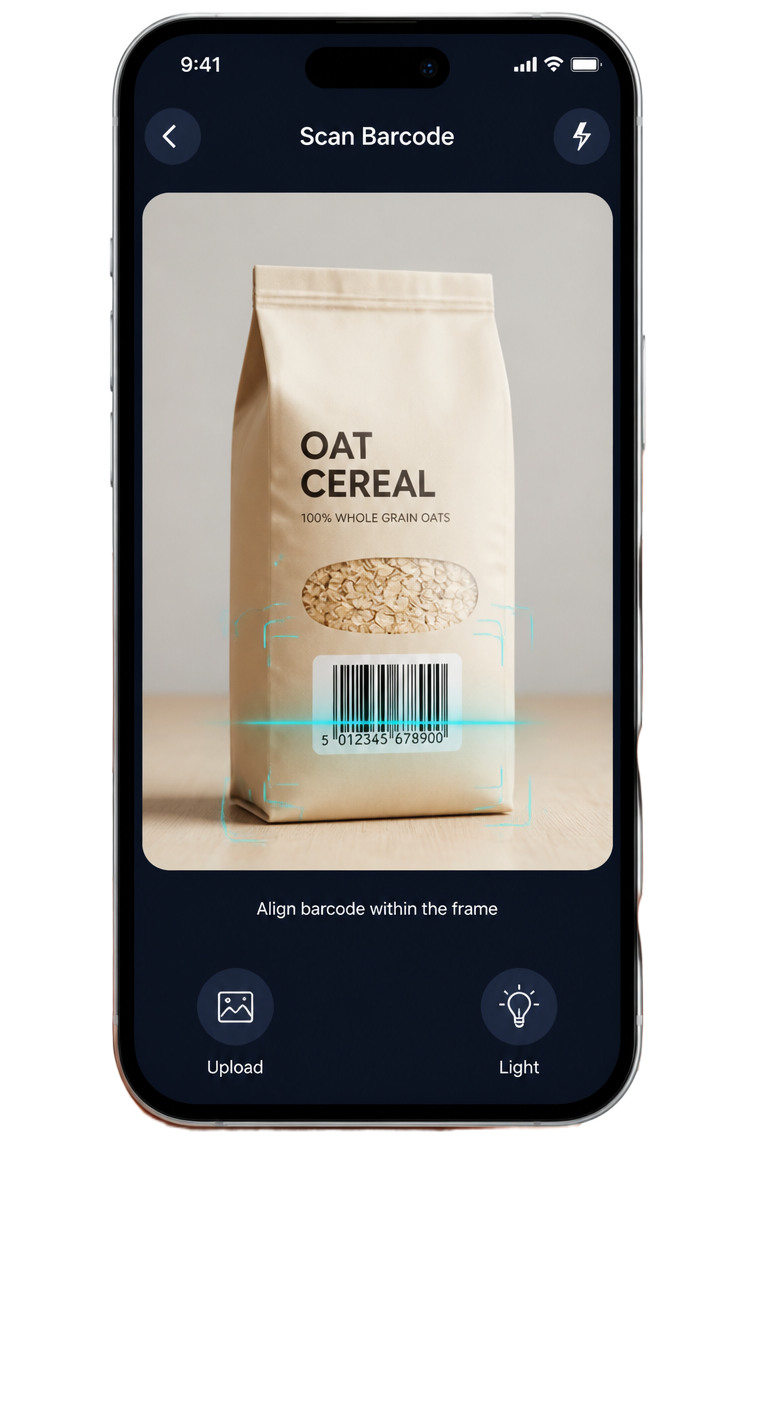 Smartphone mit geöffneter Kamera: Verpackung im Scanrahmen, Barcode wird erkannt