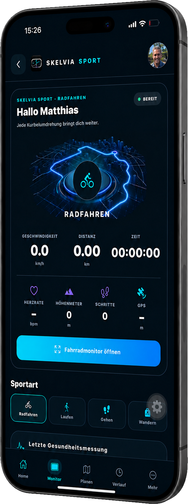 SKELVIA Sports App: Aktivitätsmonitor für Radfahren mit Geschwindigkeit, Distanz, Zeit, Herzfrequenz, Höhenmeter, Schritten und GPS