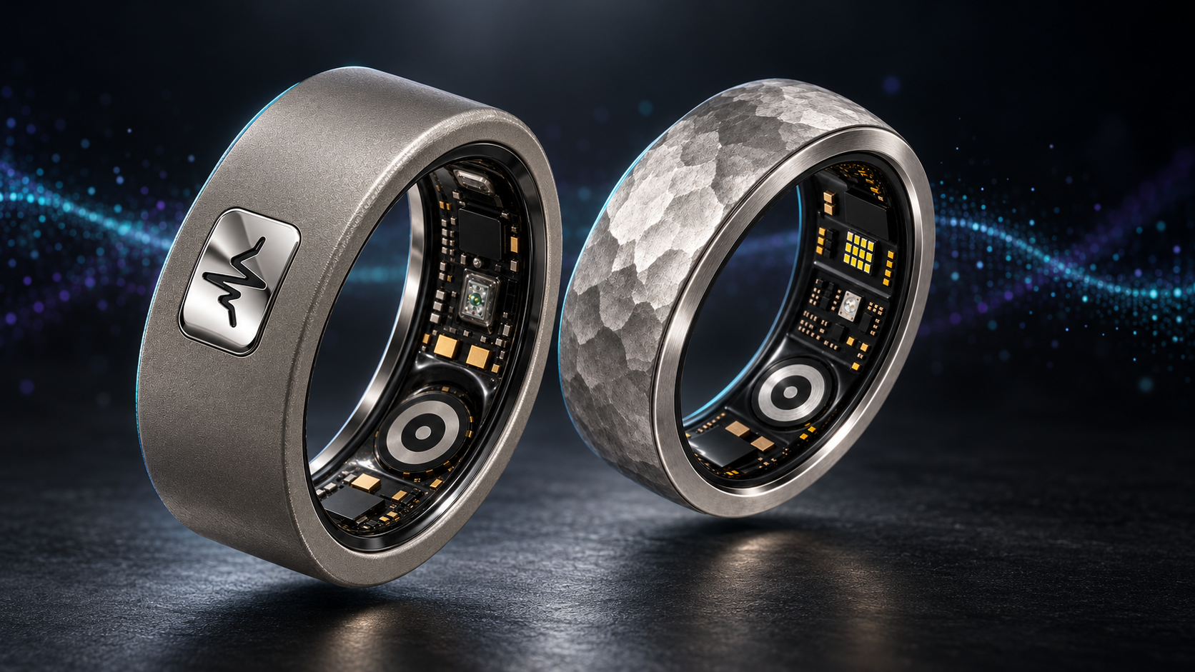 Die beiden SKELVIA Ringmodelle in dezenter Explosionsdarstellung: sandgestrahlter Ring mit polierter EKG-Fläche und Hammerschlag-Ring mit sichtbarer Sensorplattform