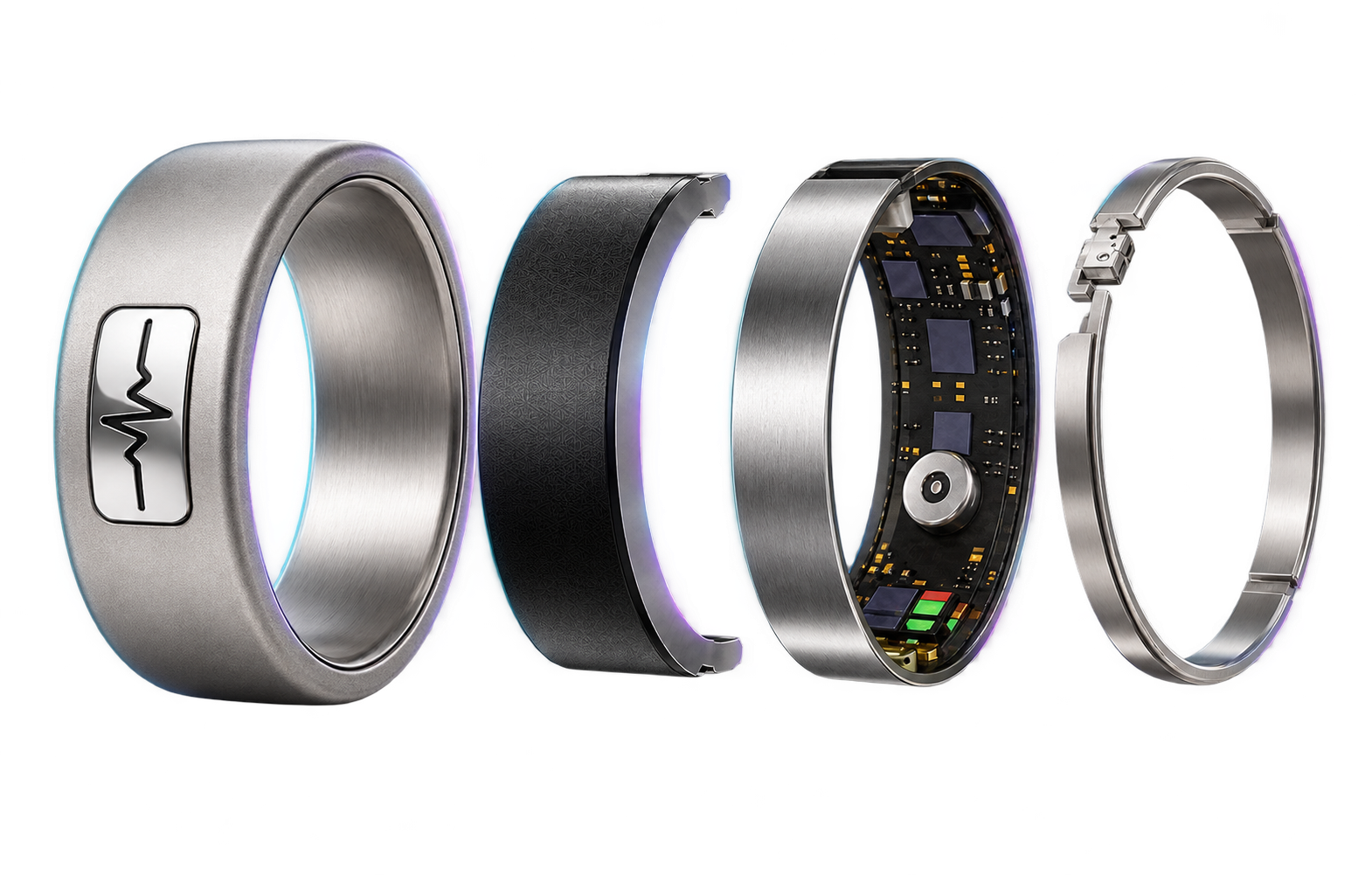 Explosionsdarstellung des SKELVIA Smart Rings mit Außenschale, flexiblem Akku, Sensorik und Elektronik sowie Innenring