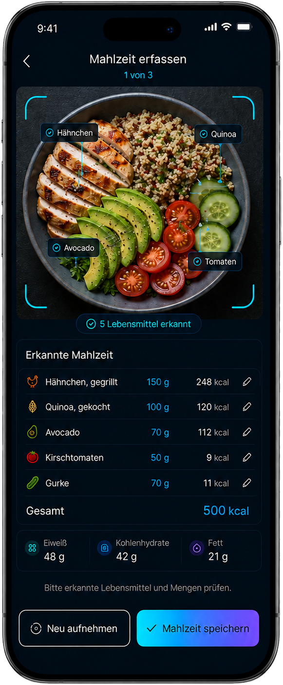 SKELVIA App: fotografierte Mahlzeit mit erkannten Lebensmitteln, Mengen, Kalorien und Makronährstoffen