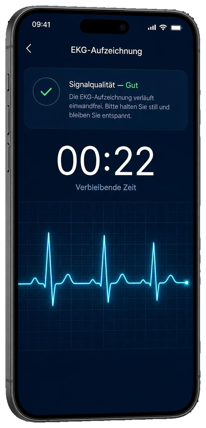 SKELVIA Health App: laufende EKG-Aufzeichnung mit Signalqualität und Countdown