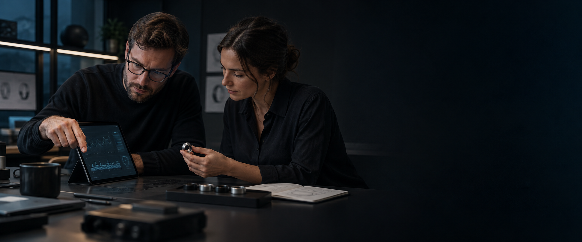 Zwei Personen werten gemeinsam Gesundheitsdaten auf einem Tablet und einen Ring-Prototyp aus