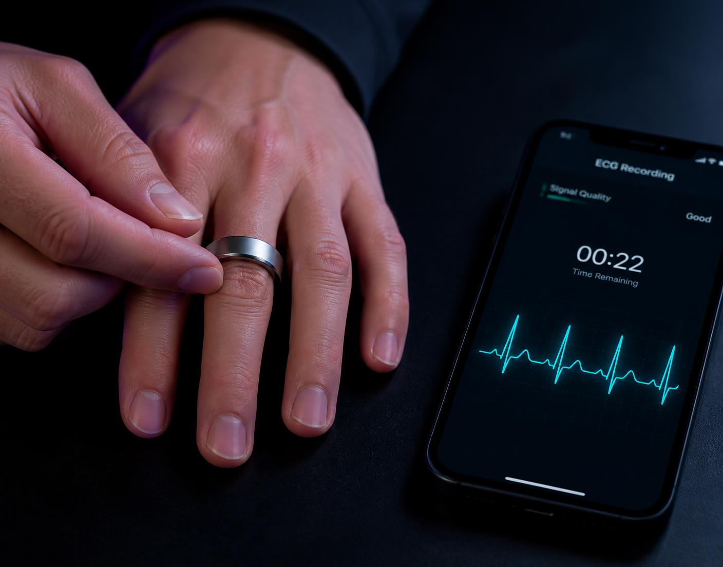 Zwei Hände: Der Smart Ring sitzt an einem Finger, ein Finger der freien Hand berührt direkt die metallische Ringaußenfläche