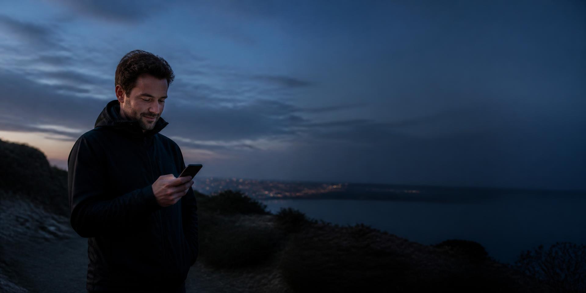 Mann am Abend im Freien, der entspannt seine persönlichen Werte in der SKELVIA Health App ansieht