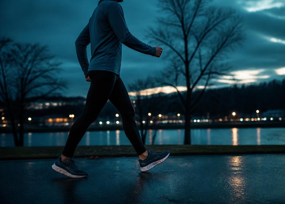 Person beim schnellen Gehen auf einem Uferweg am Abend