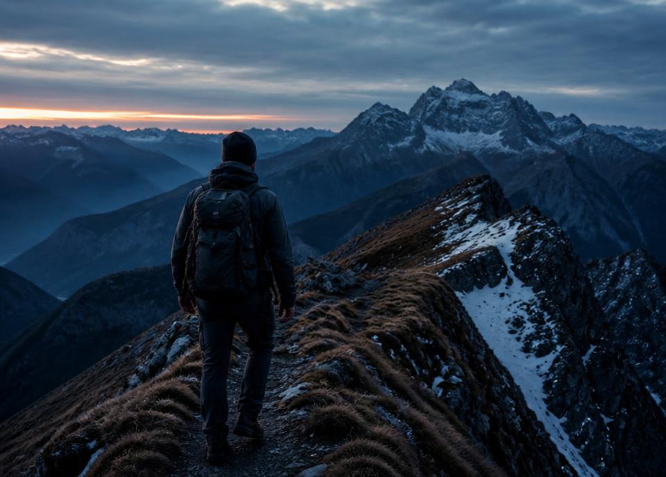 Wanderer auf einem Bergrücken bei Dämmerung