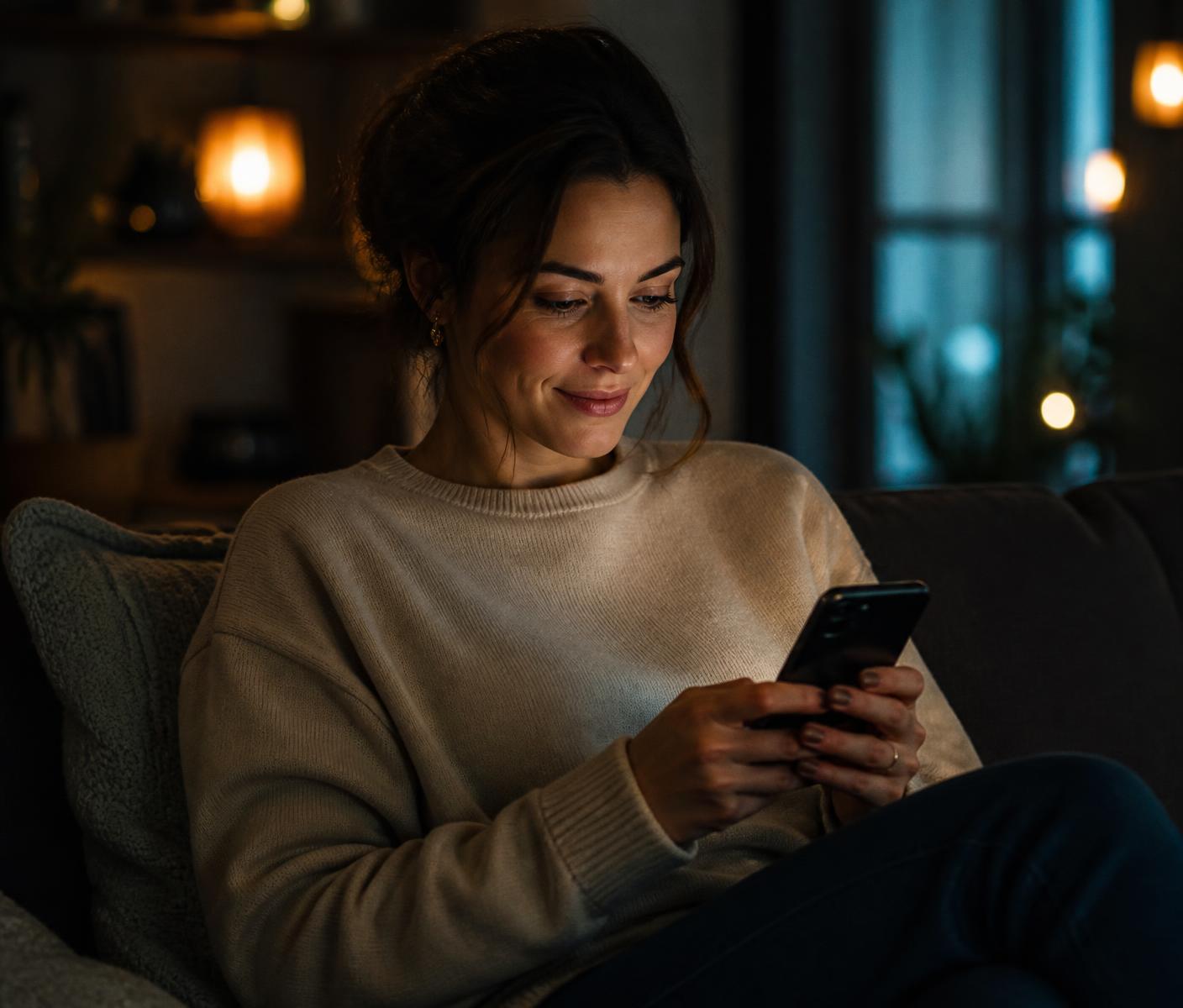 Erwachsene Frau schaut in einer ruhigen Alltagssituation auf ihr Smartphone