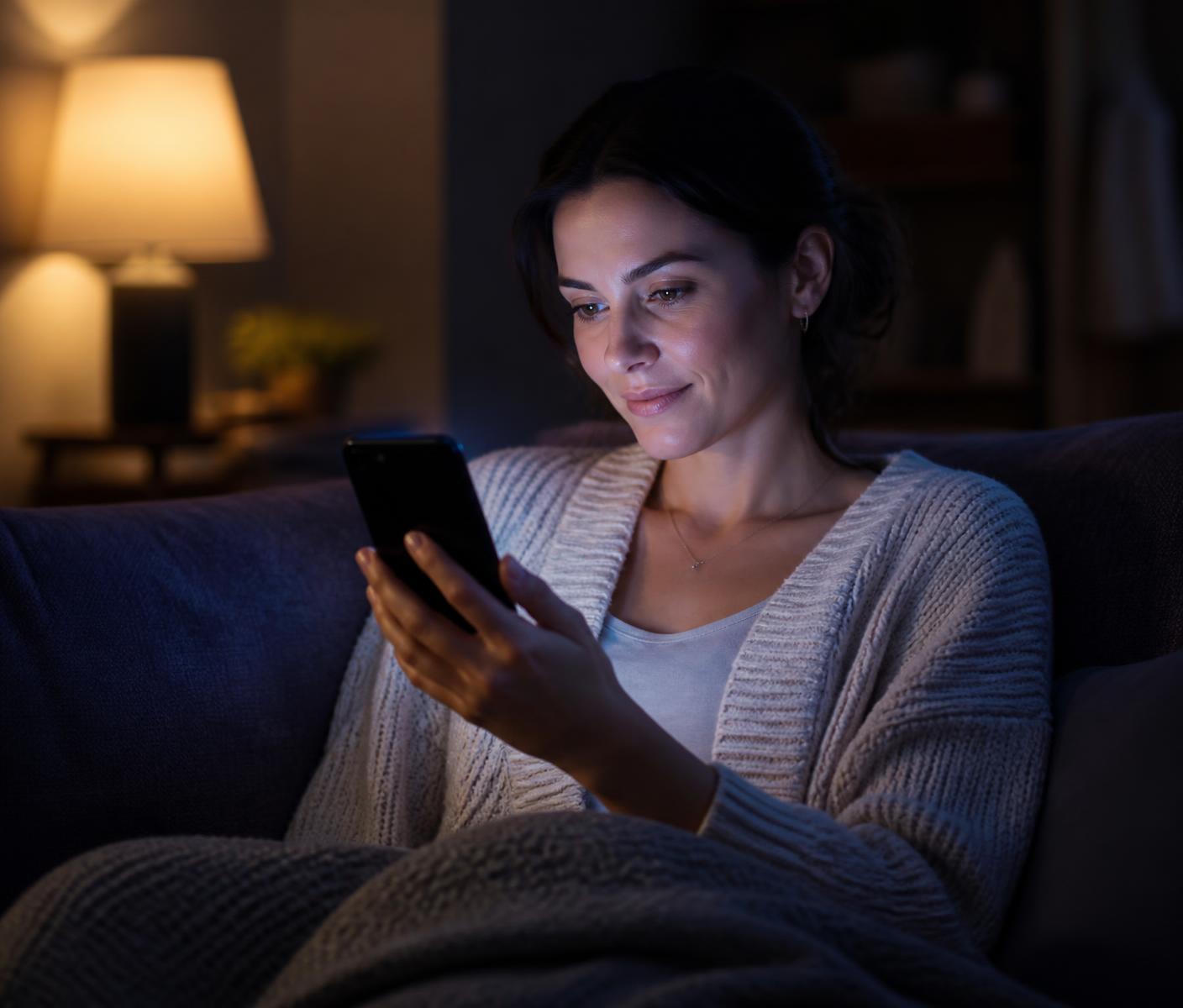 Erwachsene Frau betrachtet abends auf ihrem Smartphone ihre persönlichen Zyklusverläufe