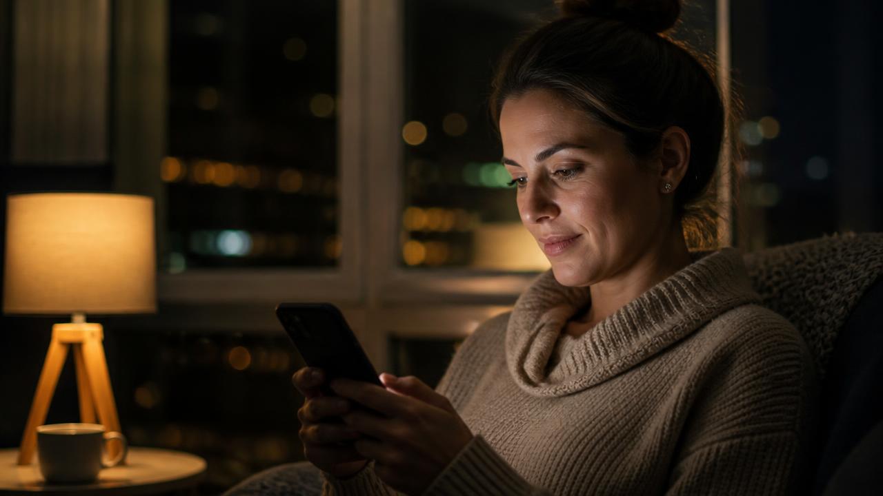 Frau betrachtet am Abend ruhig ihr Smartphone