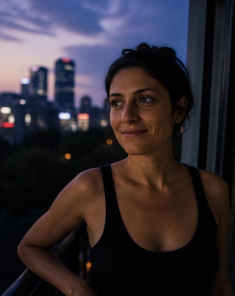 Frau blickt am Abend entspannt über die Stadt