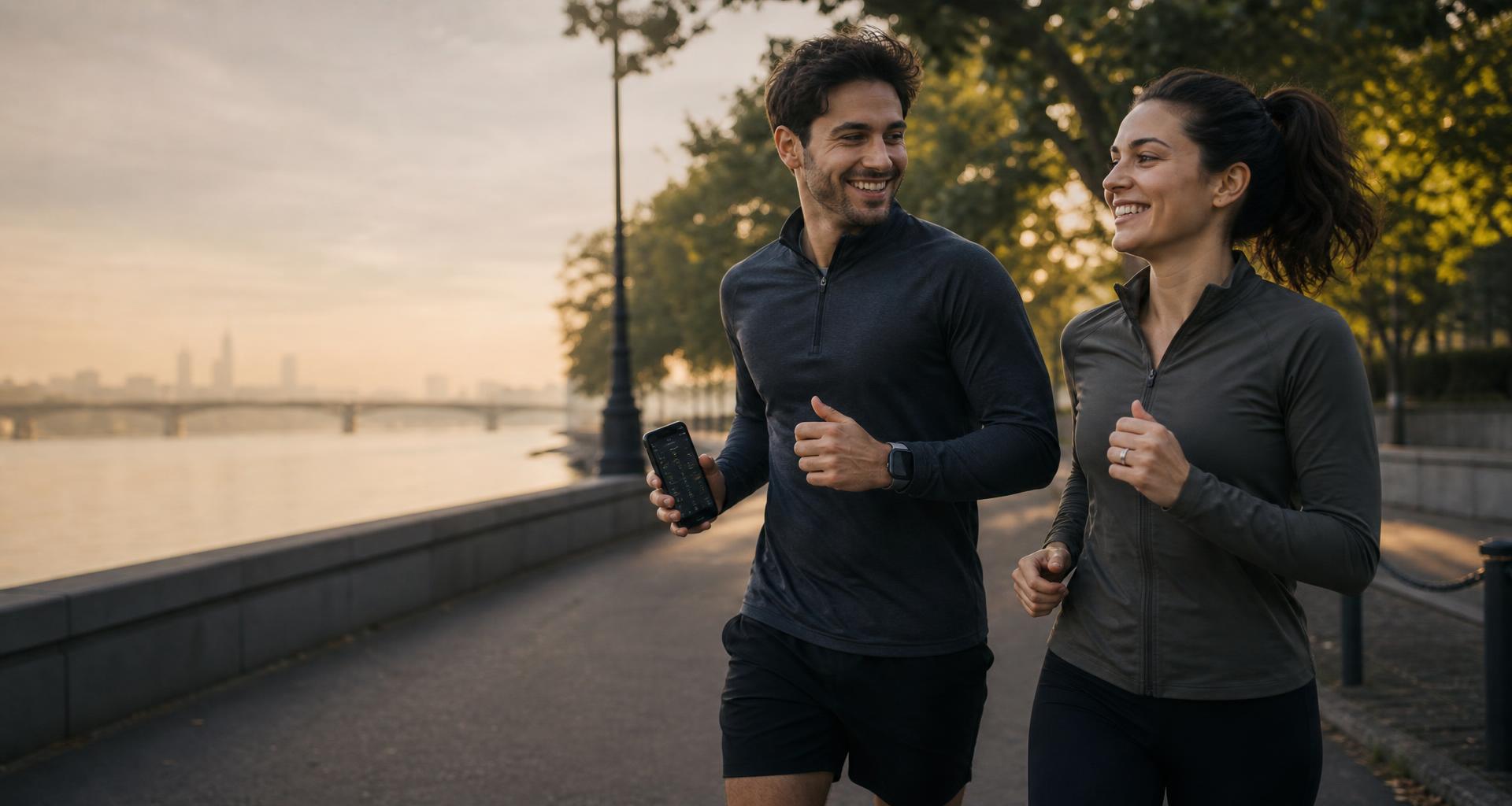 Ein Paar beim entspannten Lauf an einem urbanen Ufer im Morgenlicht – mit Skelvia Ring, kompatibler Smartwatch und der Skelvia App