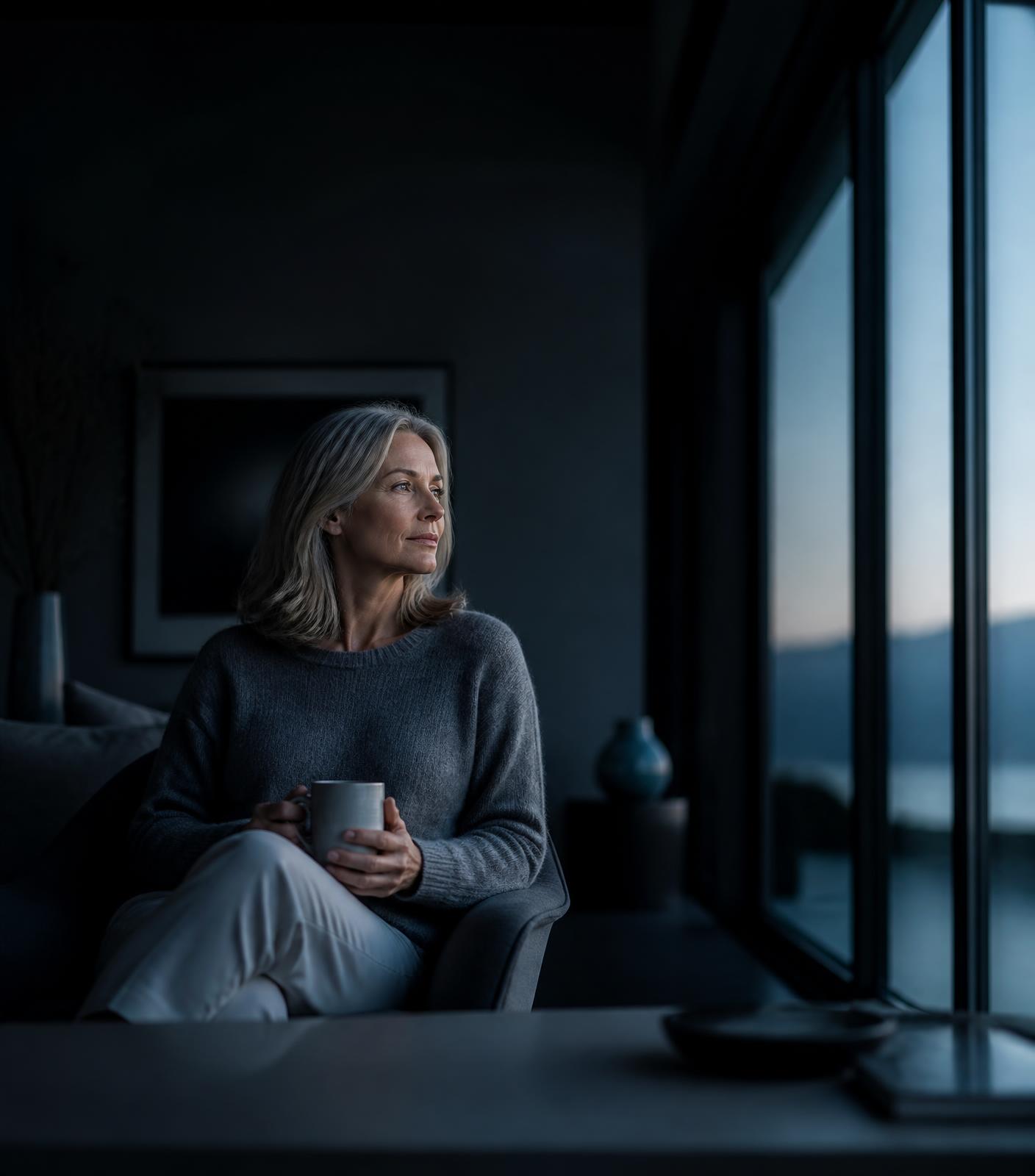 Frau um die 50 sitzt nachdenklich und ausgeglichen in einer ruhigen, modernen Wohnung im Morgenlicht