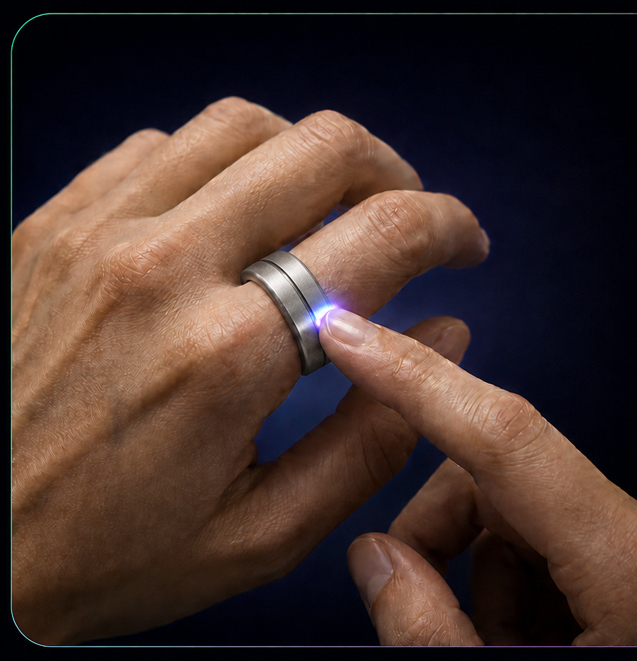 Eine Hand trägt den SKELVIA Smart Ring, ein Finger der freien Hand berührt die metallische Außenfläche des Rings