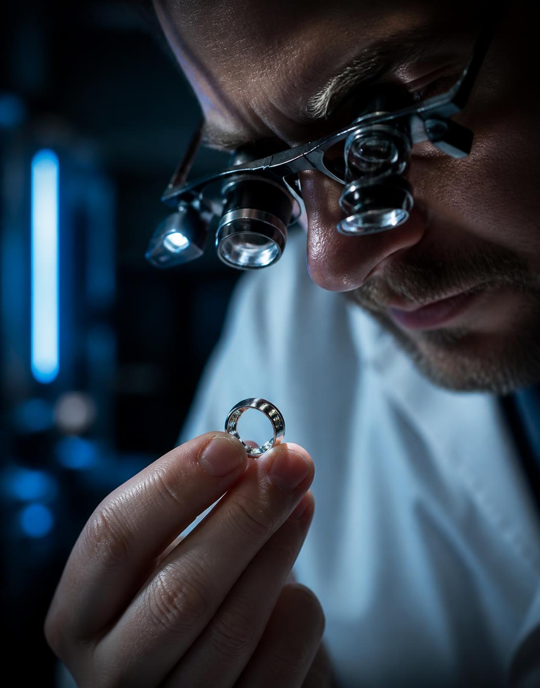 Entwickler prüft einen Smart Ring mit Lupenbrille im Labor