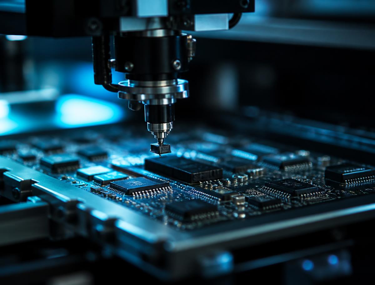 Präzisionsmaschine platziert einen Mikrochip auf einer Platine